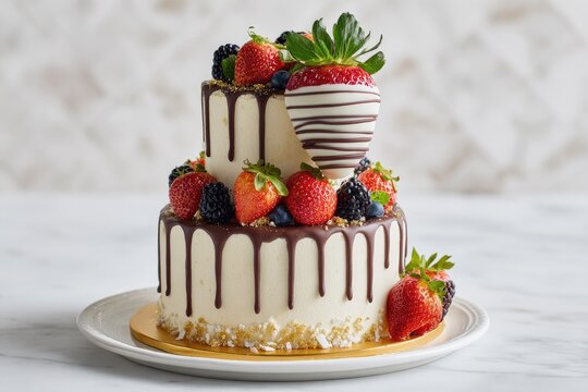 Delicious two tiered cake with fresh berries and chocolate drizzle on plate