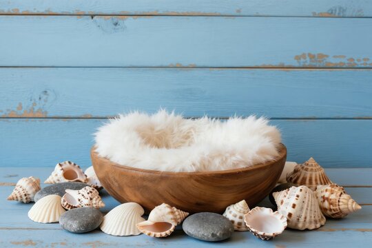 Wooden bowl with fluffy white fur liner, surrounded by seashells and smooth grey stones. Blue wooden plank background suggests a beach theme for newborn photoshoots or creative art.