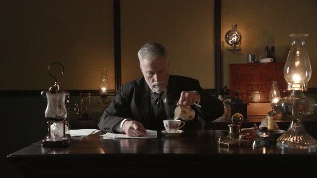 Victorian era businessman adding cream and sugar to his coffee