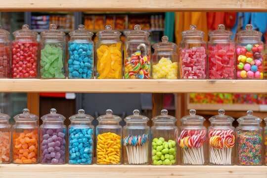Colorful candy jars on display assorted sweets in glass containers