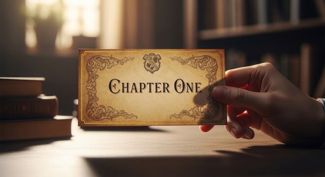 Hand holding vintage card with chapter one text books on table in library