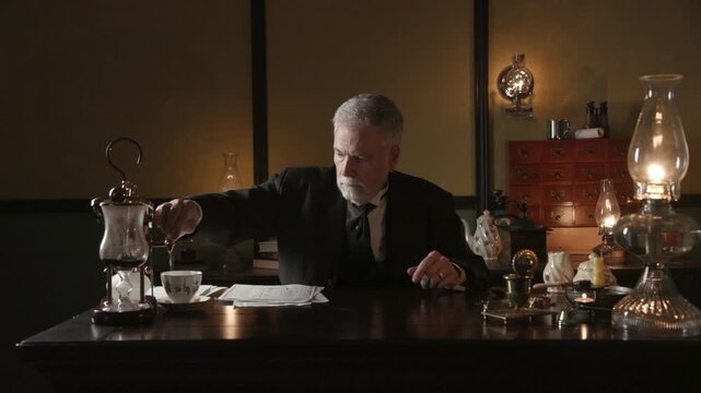Victorian era businessman dispenses coffee from a fancy coffee maker