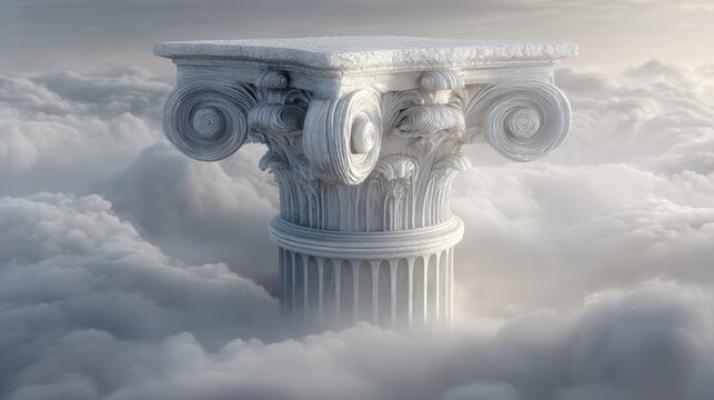 Fantasy, mysterious, wallpaper. A classicalstyle photograph of a white, intricately carved Corinthian column, set against a backdrop of fluffy white clouds.