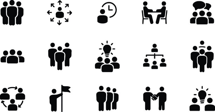 Set of sixteen black and white people communication and teamwork icons Vector