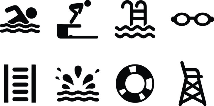 Set of eight swimming and water safety icons with different activities and symbols Vector