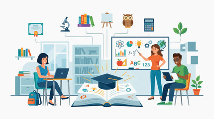 Naklejka premium A classroom scene with students studying and an instructor teaching