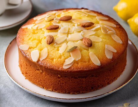 sponge almond and lemon cake close up