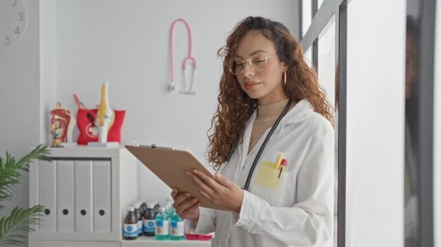 Woman doctor in white lab coat with stethoscope holds clipboard reading report by window in clinic building; professional confidence.