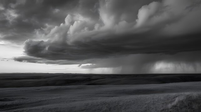 Dramatic Storm Clouds Over Prairie &ndash; Dark Moody Field Landscape, Thunderstorm Rain, Atmospheric Black and White Nature Photography, Dramatic Sky, Stormy Horizon, and Grayscale Rural Scenic Background