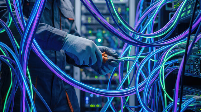 Technician in protective glove uses pliers to repair tangled fiber optic cables inside a server rack. Network engineer performs maintenance on data center hardware, ethernet ports, and telecom