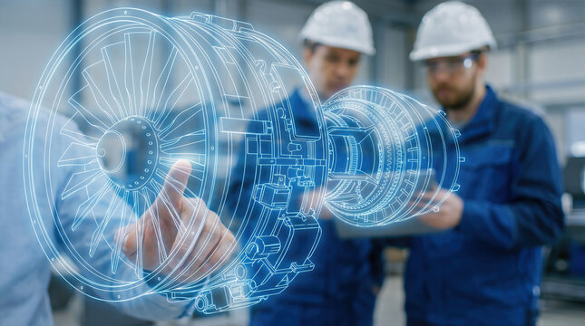 Engineers in protective helmets analyze a futuristic jet turbine engine blueprint at aerospace factory. Industrial technology and mechanical design innovation. Aviation manufacturing and engineering