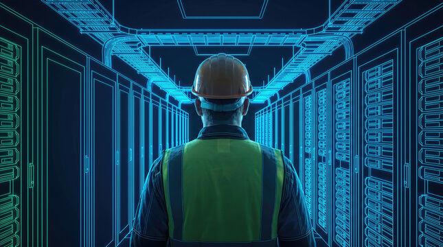 Engineer technician inspecting datacenter server infrastructure with futuristic wireframe blueprint of network hardware. Cloud computing storage facility and digital information system