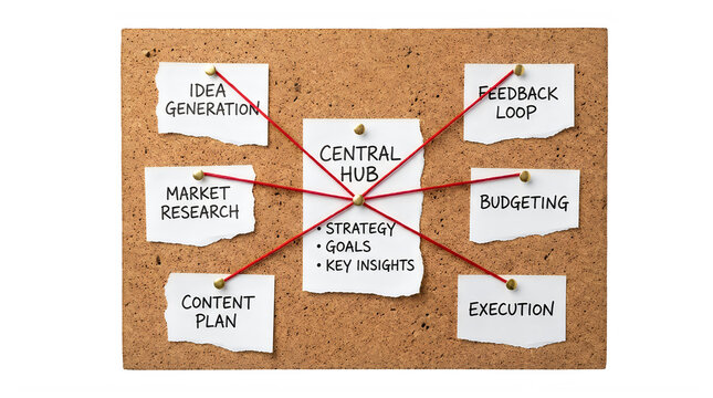 Business strategy planning process visualized on corkboard with notes and strings transparent background