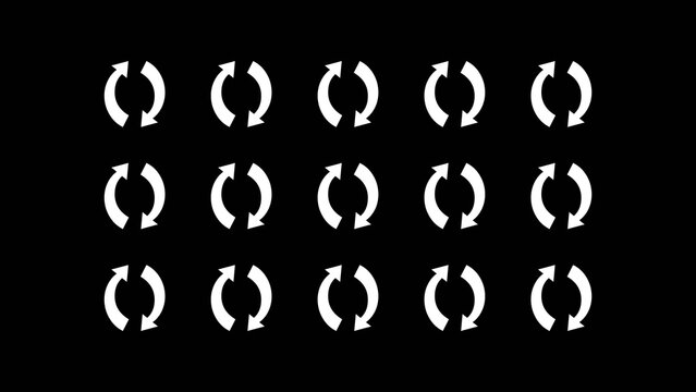 Collection of six red circular rotation arrow icons for synchronization and refresh process isolated on black background.