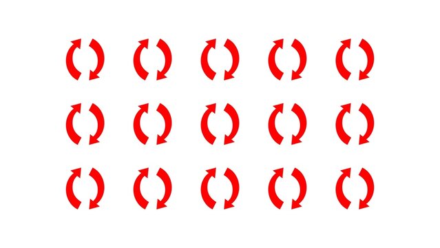 Collection of six red circular rotation arrow icons for synchronization and refresh process isolated on black background.
