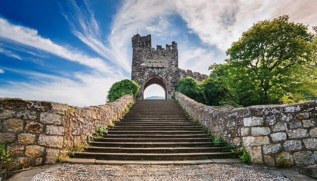 an ancient stone staircase arches toward the sky leading to a castle entrance
