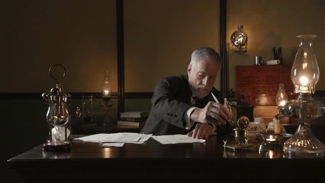 19th century businessman writing with a dip pen