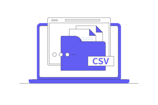 Database Export and Import Service. Computer Screen with CSV File Icon and Data Storage System. Flat Cartoon Vector Illustration, icon Stylish abstract design landing page web