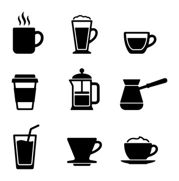 Coffee Icons Set, Hot Drinks Vector Graphics, Cafe Beverage Collection, Black and White Icons