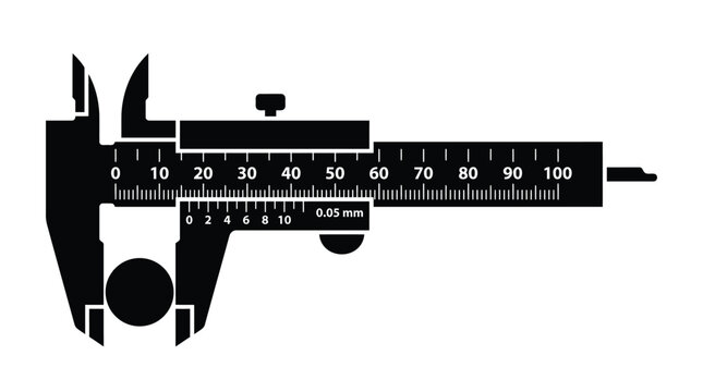 Vernier caliper measuring a small round object represented as a clean black and white vector icon