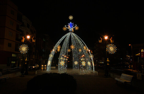  Streets of the city of San Christobal de La LAguna with ornate light decorations for Christmas 