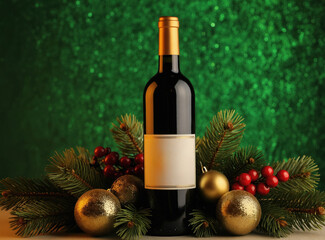 Obraz premium Dark wine bottle sits with pine branches golden ornaments red berries. Festive holiday drink display with blank label. Celebrate winter season party.