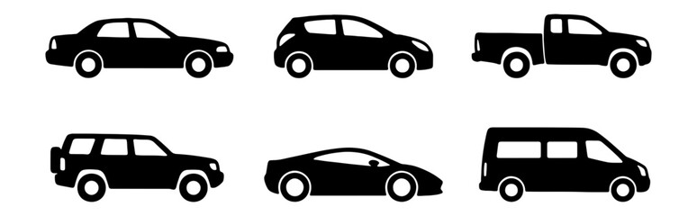 Fototapeta premium Diverse Vehicle Icons: Cars, SUV, Sports Car, Pickup Truck, Van Silhouettes