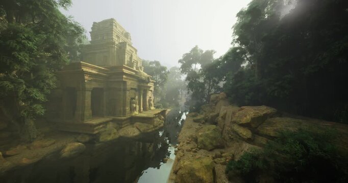 Twin temple facades facing narrow gorge, symmetrical stonework mirrored in still water, hanging vines and layered cliffs, misty atmosphere, secluded shrine vibe