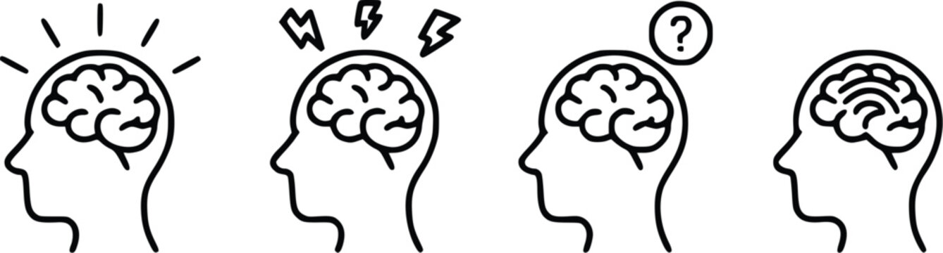 Four of Human Head with Brains Showing Different Mental States