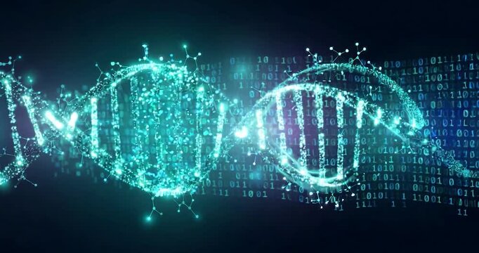 Decoding the Blueprint of Life: A stunning visual representation of a DNA double helix, shimmering with vibrant energy. Its complex structure is accented by a flowing matrix of data.
