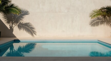 Fototapeta premium Clean swimming pool with clear blue water and palm tree shadows on beige wall. Outdoor poolside area with minimal architecture, calm sunny day, bright light.