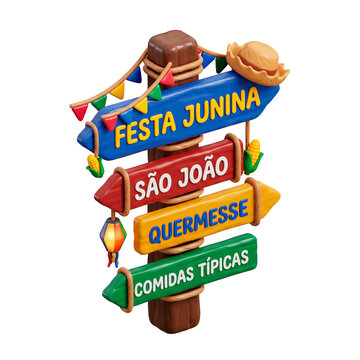 Festa Junina directional signpost with traditional elements like straw hat and corn PNG Isolated on transparent background