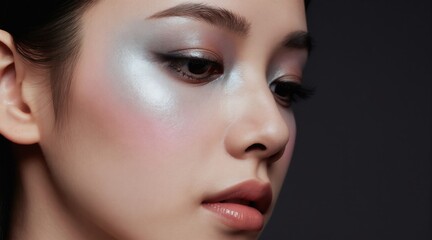 Obraz premium Young asian woman with sparkling eye makeup and glossy lips. Face beauty portrait with highlighted skin, soft blush and defined brows. Fashion style, perfect skin.