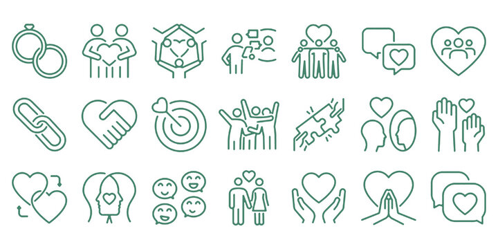 Relationships and emotional connection icons set. Love, empathy, support, and friendship. Thin line editable stroke vector illustrations.