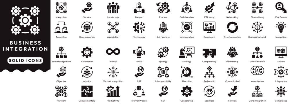 Business Integration icon set contains service, leadership, merger, process, collaboration, efficiency, networking, incorporation, acquisition, infinity, automation. Solid icons vector illustration