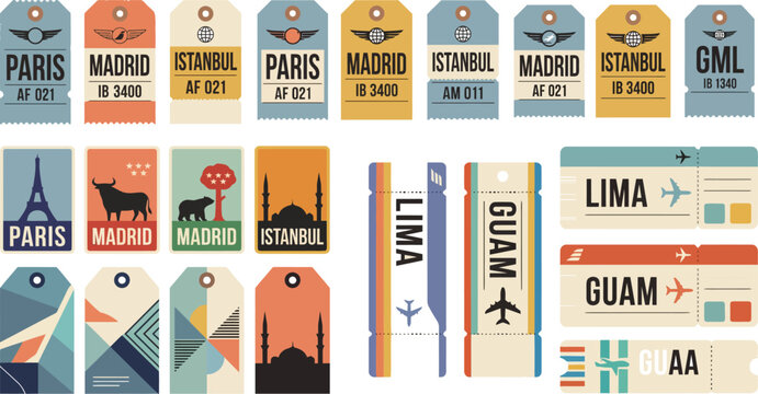 Travel luggage tags with international city names and flight icons