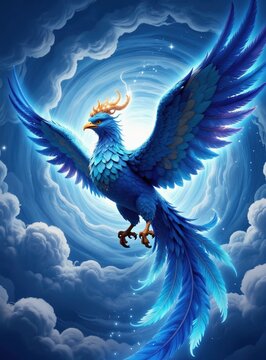 Blue phoenix bird soars through swirling clouds and light. Mythical creature has golden crown and bright blue feathers. It symbolizes rebirth and hope. A magical avian symbol appears in the sky.