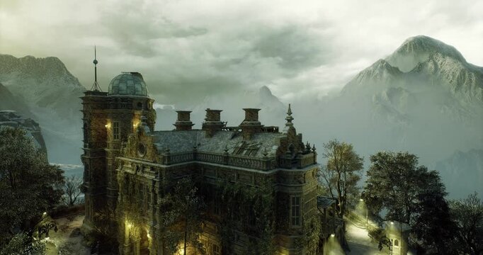 historic rooftop and observatory dome framed by soft mist, ornate chimneys and balustrades, warm interior lights hinting at past activity, quiet alpine panorama