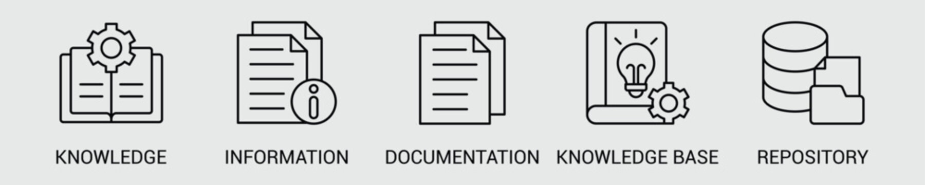 Knowledge Management Web Icon Set Vector Illustration Concept with Icons of Knowledge, Information, Documentation, Knowledge Base, and Repository