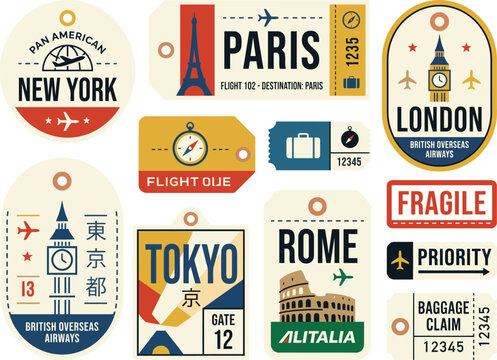 Travel tags and airport signs with international city destinations and flight details