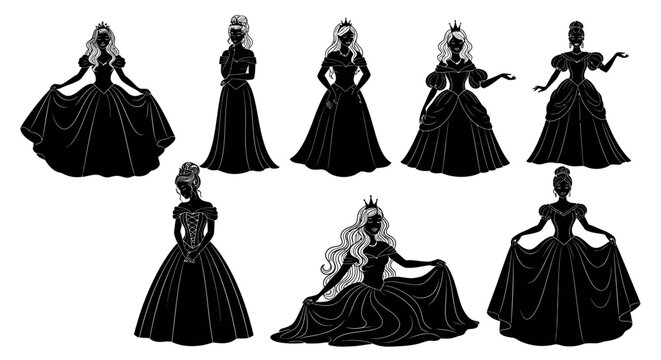 Princess silhouette vector set, elegant royal queen figures in ball gowns, black fairy tale character collection, 8 female silhouettes for wedding and party design