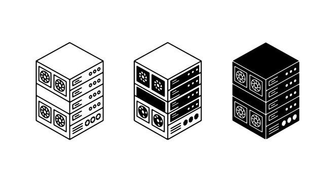 Server Racks, Data Center Equipment, Network Hardware Icons. Technology, IT Infrastructure, Computing Storage. Vector Set.