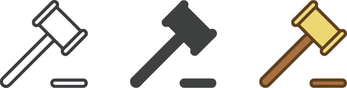 Three judge gavel icons in different styles and colors on light background Vector