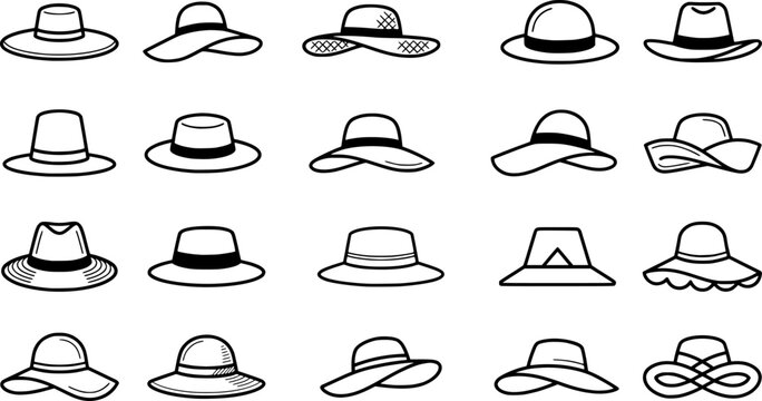 Hat Line Icon Set Featuring Sun Hats, Cowboy Hats, Fedora, Bucket Hat, Straw Hats, Wide Brim Caps and Fashion Headwear Designs