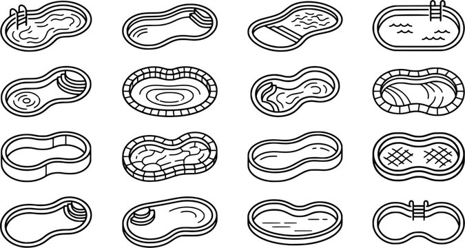 Swimming Pool Line Icon Set Featuring Kidney Shaped Pools, Ladders, Steps, Water Waves, Slides and Backyard Recreation Designs
