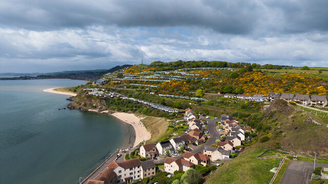 Pettycur Bay holiday park and beach. Coastal houses and Firth of Forth