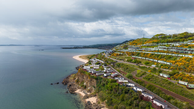 Pettycur Bay coastline and sea. Holiday park by the Firth of Forth, Scotland