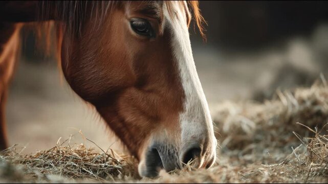 Beautiful chestnut horse with a white marking on its face eating dry hay from a pile in a barn