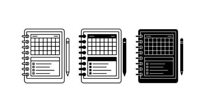 Calendar Planner Icons, To-Do List Notebook Vector Set, Spiral Bound Agenda Graphics
