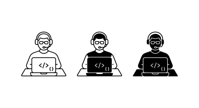 3 Icon Set: Coder, Programmer, Developer with Laptop & Headset, Black & White